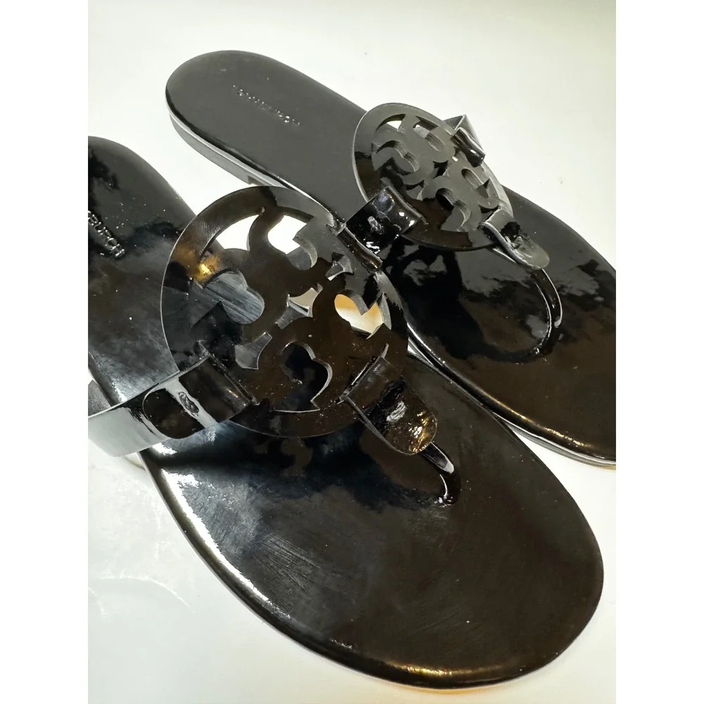 Tory Burch Miller Cloud Black Patent Leather Logo Thong Sandals 10.5